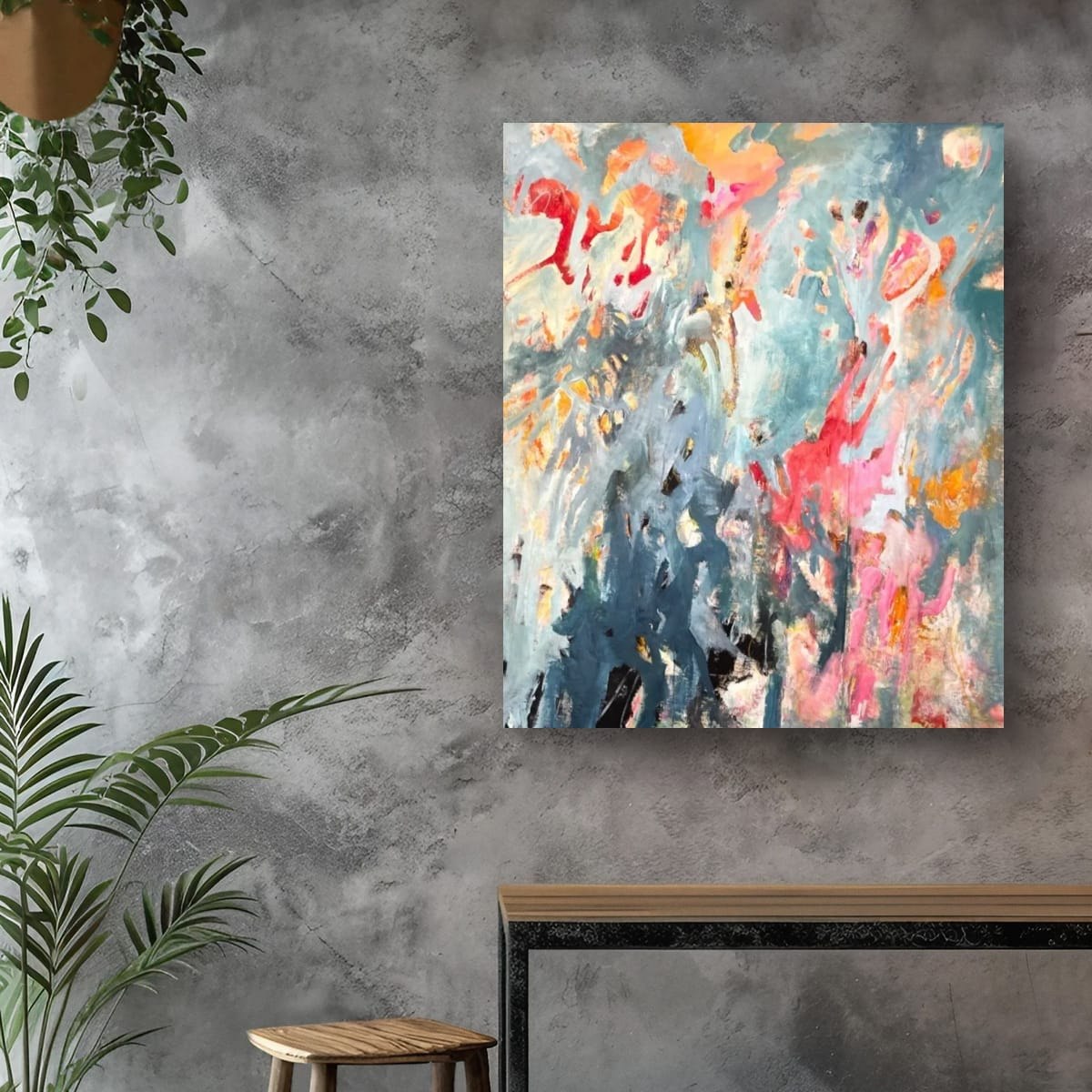 Abstract painting by Elke Distelrath on a concrete wall