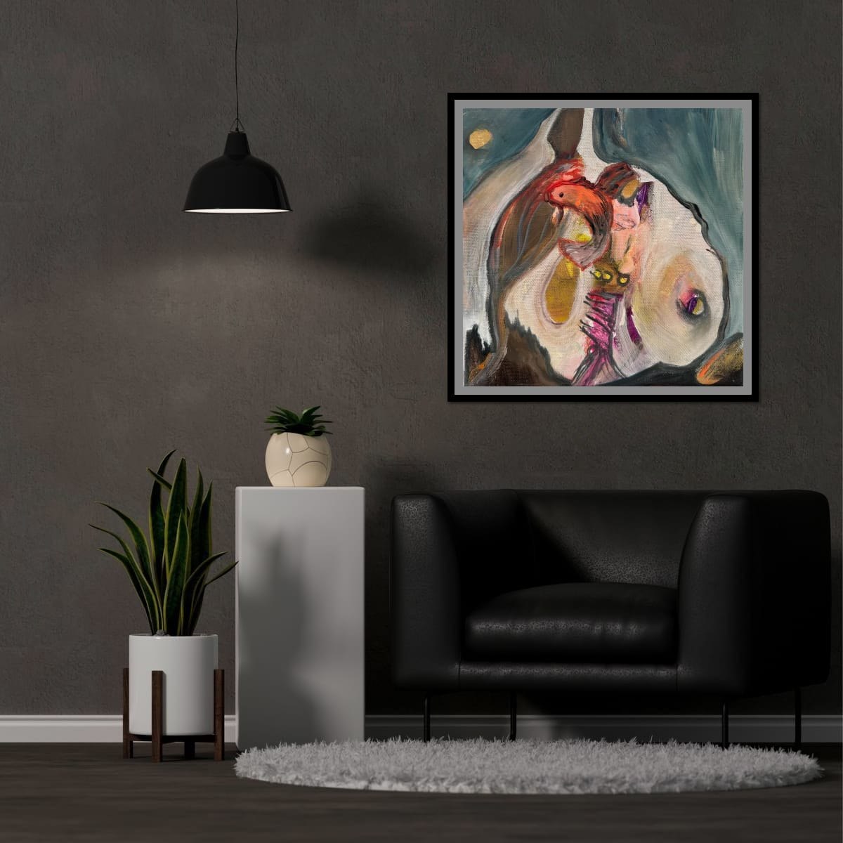 Figurative painting by Elke Distelrath in a dark living room