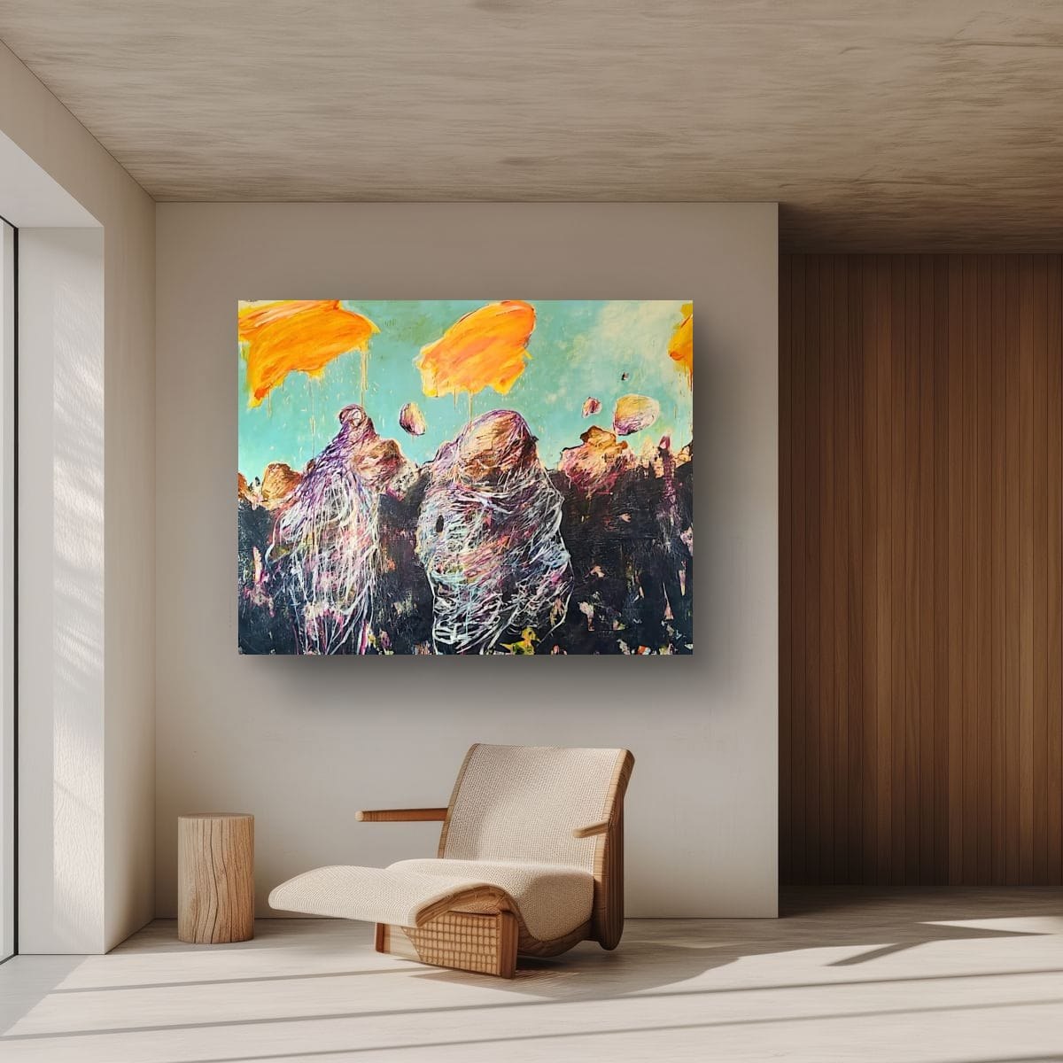 Abstract painting by Elke Distelrath with orange figures