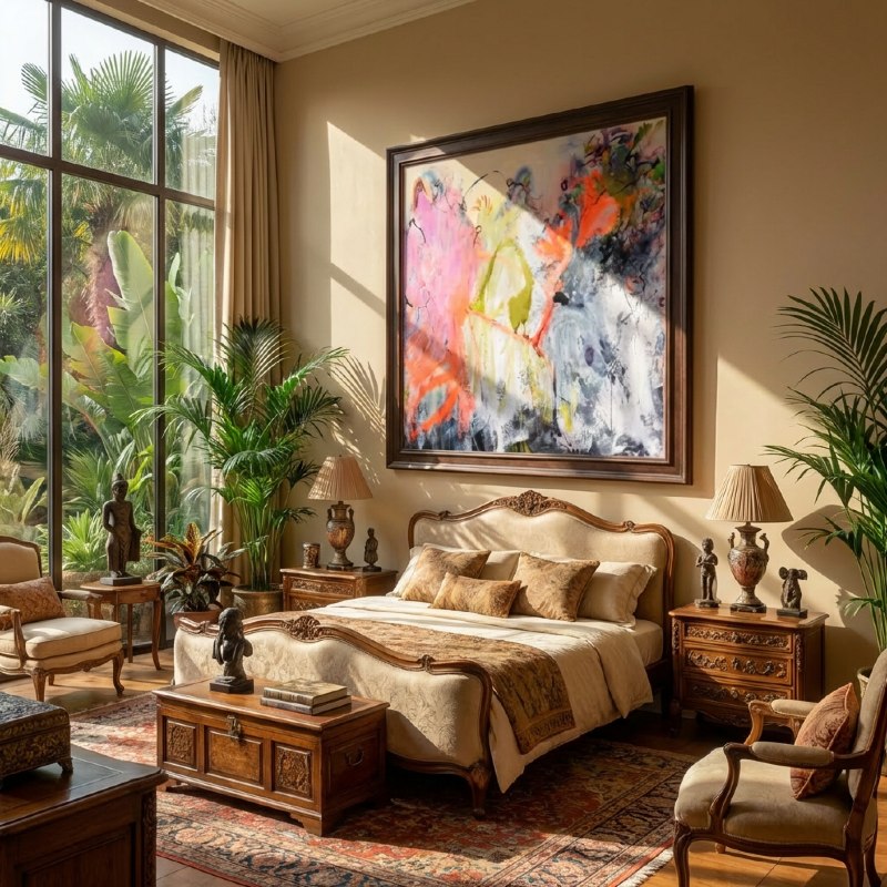Large abstract painting by Elke Distelrath above a bed