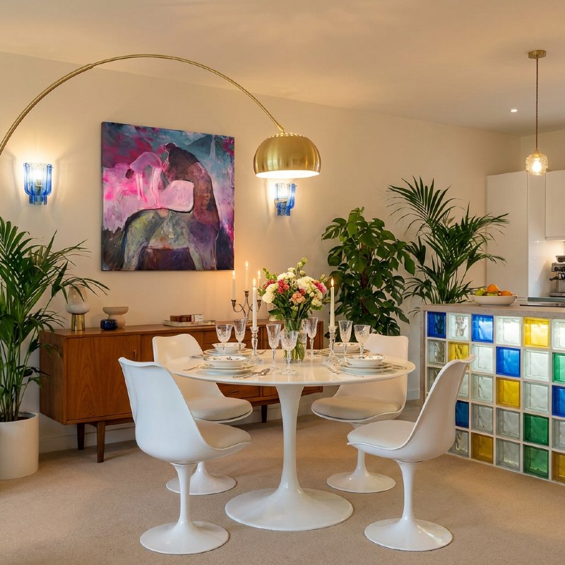 Painting by Elke Distelrath in a warm-lit dining room