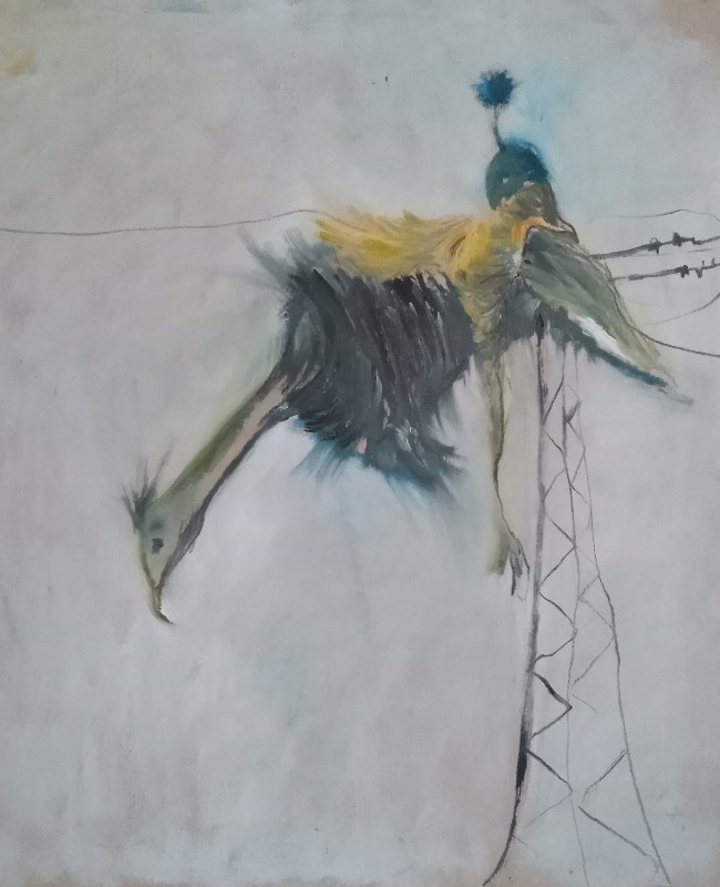 Bird Under Voltage — original painting by Elke Distelrath